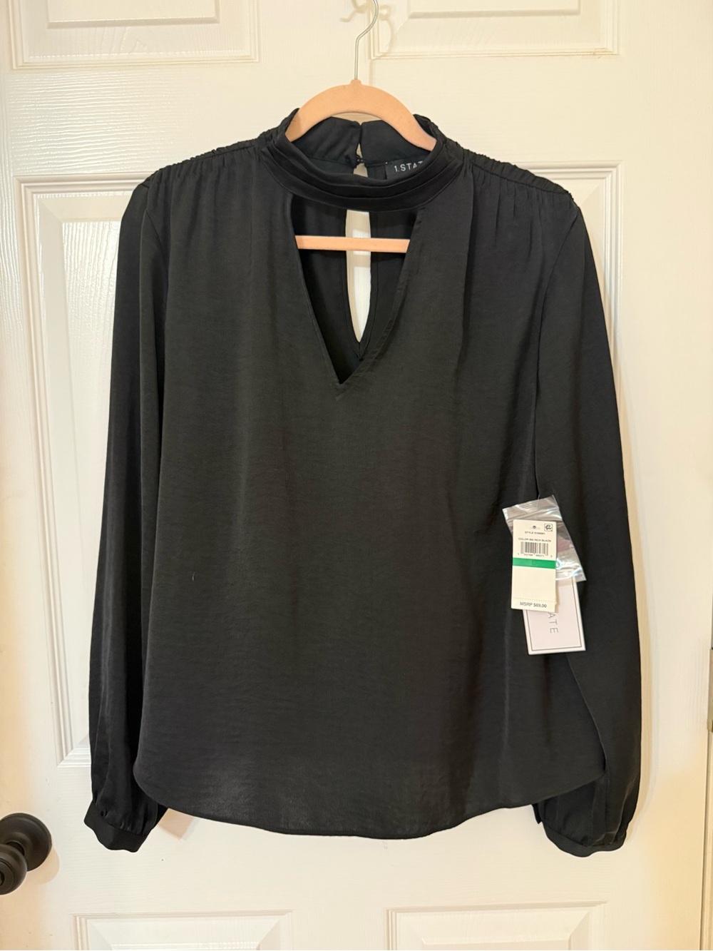 1. State Black Long-Sleeve Keyhole Mock Neck Blouse